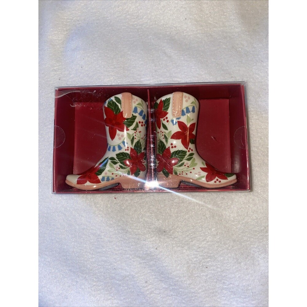 new Salt Pepper Shaker Set Cowgirl Boots Poinsettia Ranch Holiday farm country